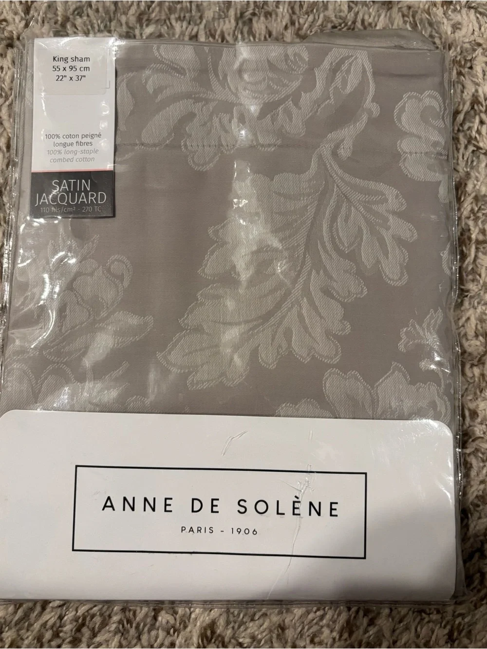 Anne de Solène Satin Jacquard King Sham in Gray
